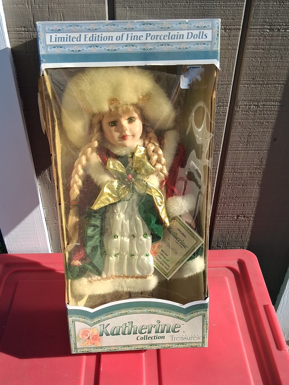Katherine's Collection Porcelain Holiday Doll in Green, Red, White, Gold
